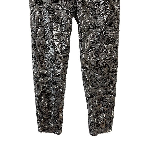 Porridge Black Silver Sequin Paisley Pattern Elastic Waist Skinny Pants XS - Picture 3 of 9